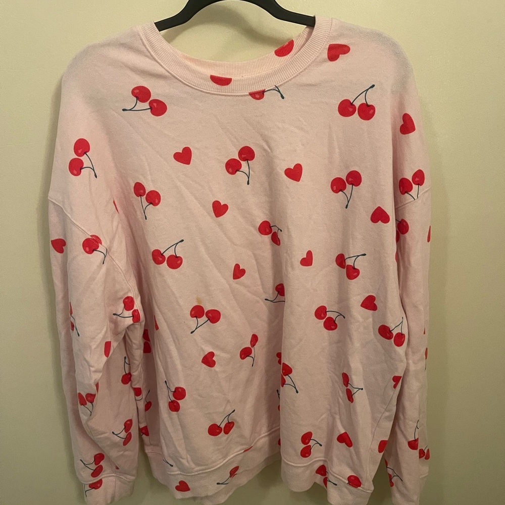 Pink Sweatshirt with Red Cherry and Heart Print